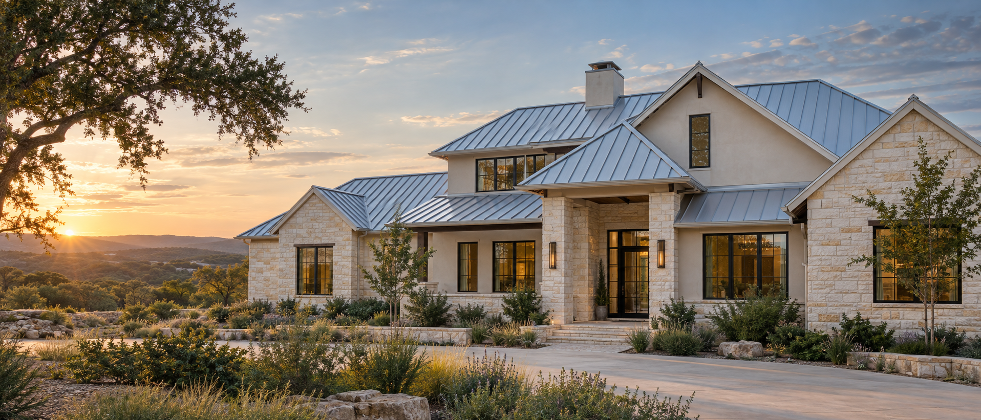 Computer-generated view of a fictional Texas home with a Galvalume standing-seam metal roof