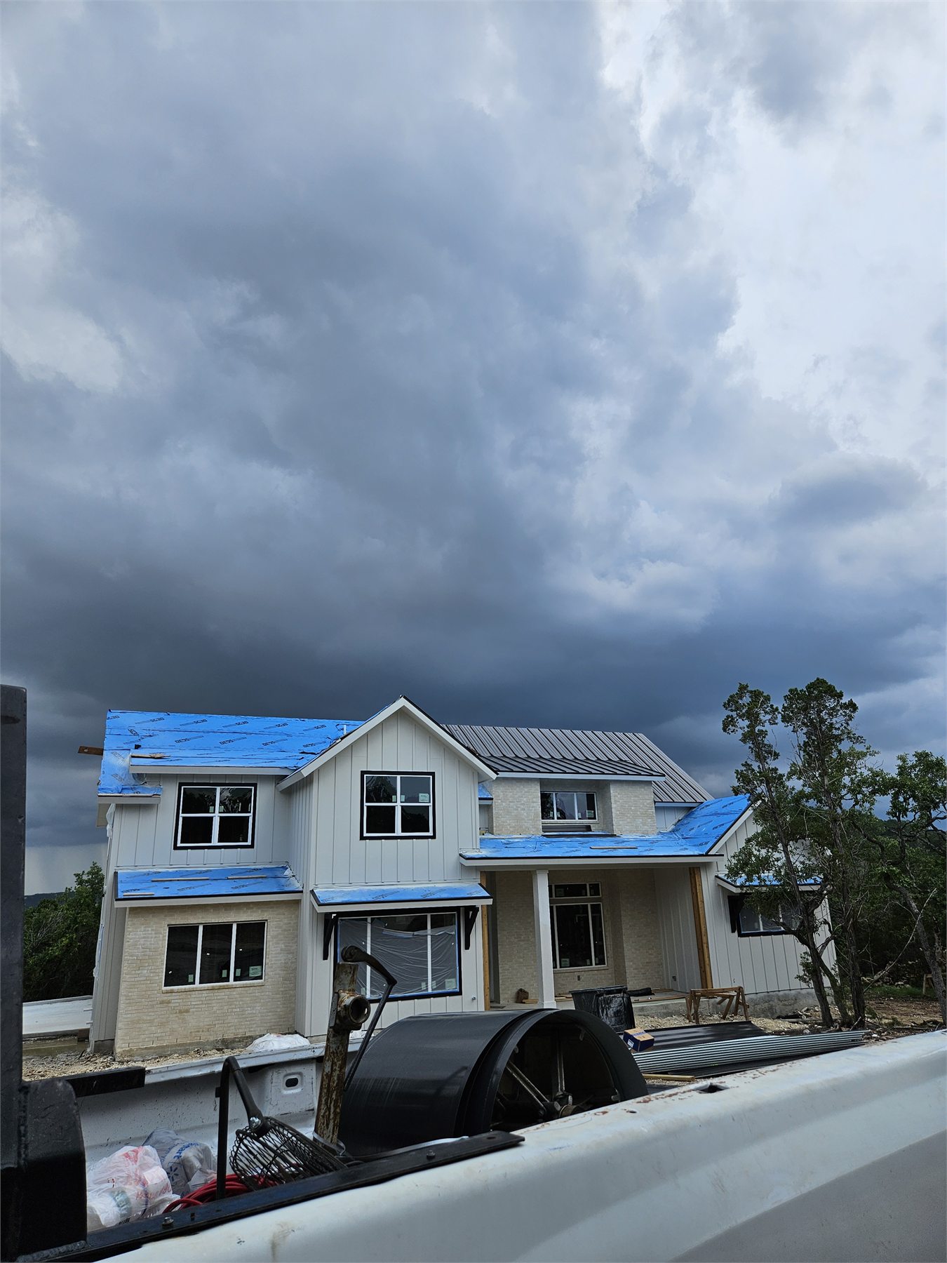 Metal roof installation in progress
